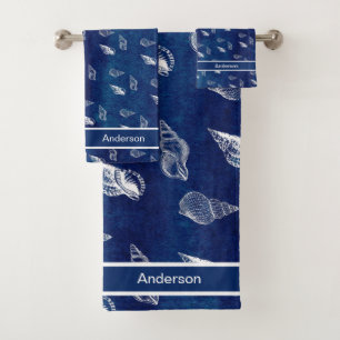 Custom Navy Wash White Nautical Seashell Bathroom  Bath Towel Set