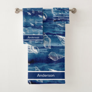 Custom Navy White Nautical Seashell Bathroom  Bath Towel Set