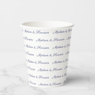 Custom navy white script couple name text elegant  paper cups