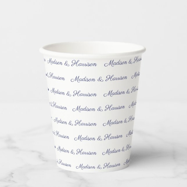 Custom navy white script couple name text elegant  paper cups (Front)