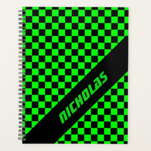 Custom Neon Green Chequered Pattern Planner