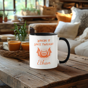 Custom Neon Halloween Mug - Orange Bat Design