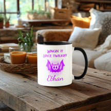Custom Neon Halloween Mug - Purple Bat Design