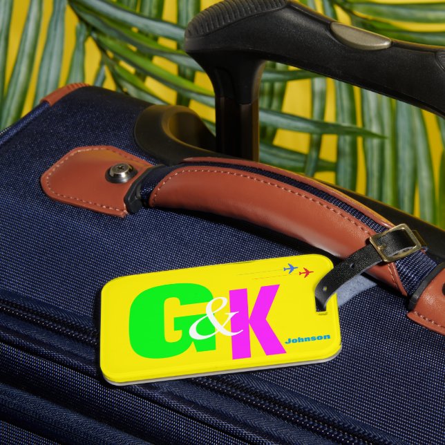 custom neon Initials Monogram Luggage Tag (Front Insitu 3)