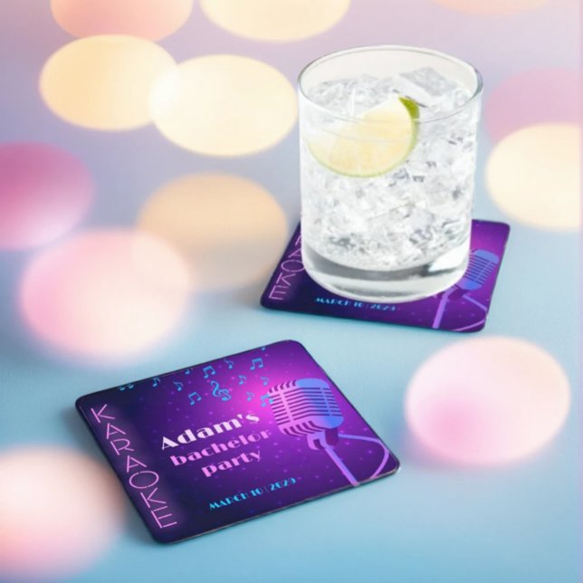 Custom Neon Karaoke Night Bachelor Party  Square Paper Coaster (Creator Uploaded)
