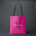 Custom neon pink and black monogrammed tote bags<br><div class="desc">Custom hot neon pink and black monogram tote bags. Stylish monogrammed design with glamourous script typography for personalized name. Add your own custom initial letter. Classy party favour gift idea for chic wedding, fancy Birthday, anniversary, bachelorette, engagement, girls weekend, bridal shower, marriage etc. Customizable background colour. Trendy accessories for women...</div>