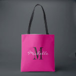 Custom neon pink and black monogrammed tote bags<br><div class="desc">Custom hot neon pink and black monogram tote bags. Stylish monogrammed design with glamourous script typography for personalized name. Add your own custom initial letter. Classy party favour gift idea for chic wedding, fancy Birthday, anniversary, bachelorette, engagement, girls weekend, bridal shower, marriage etc. Customizable background colour. Trendy accessories for women...</div>