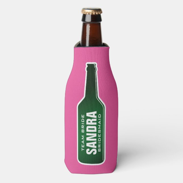 Custom neon pink bottle cooler for team bride (Bottle Front)