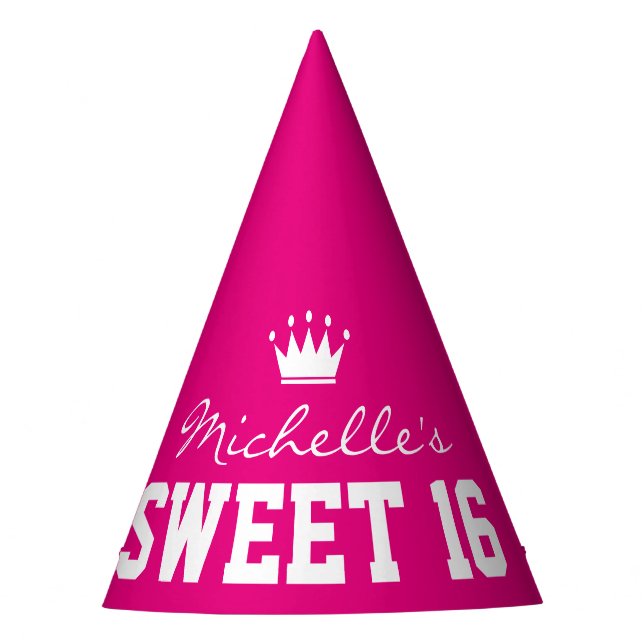 Custom neon pink SWEET 16 Birthday party hats (Front)