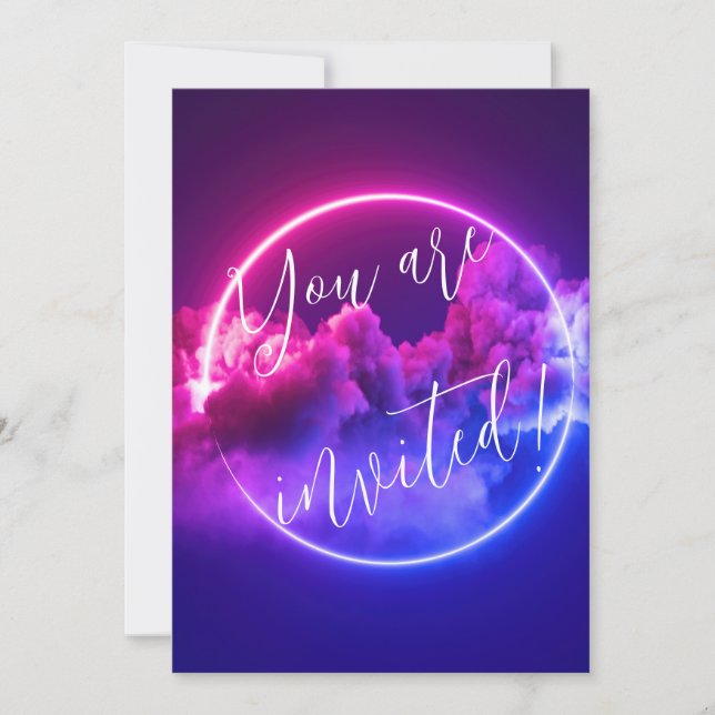 Custom Neon Sign Glowing Pink & Purple Clouds Invitation (Front)