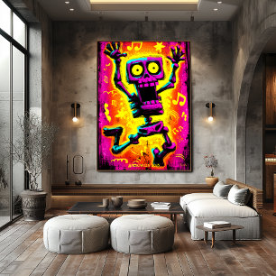 Custom Neon Skeleton Retro Halloween Design Poster