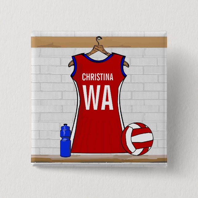 Custom Netball Uniform Red with Blue and White 2 Inch Square Button (Front)