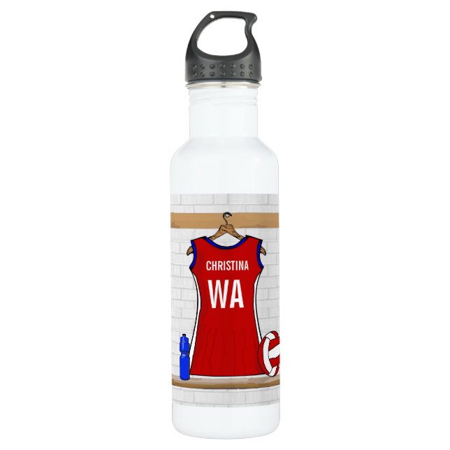 Custom Netball Uniform Red with Blue and White 710 Ml Water Bottle (Front)