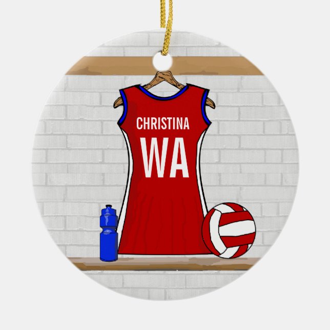 Custom Netball Uniform Red with Blue and White Ceramic Ornament (Front)