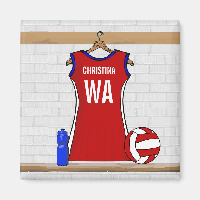 Custom Netball Uniform Red with Blue and White Magnet (Front)