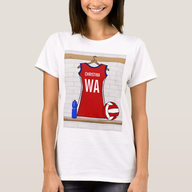 Custom Netball Uniform Red with Blue and White T-Shirt (Front)