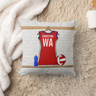 Custom Netball Uniform Red with Blue and White Throw Pillow