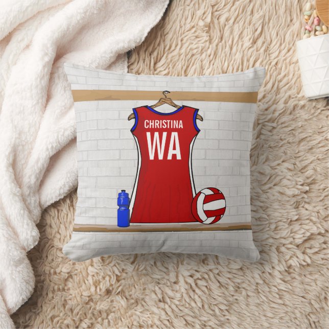 Custom Netball Uniform Red with Blue and White Throw Pillow (Blanket)