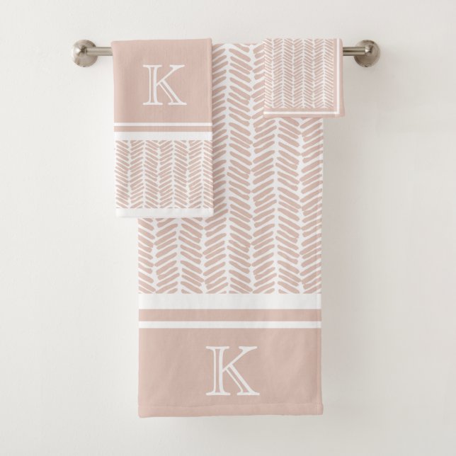 Custom Neutral Earthy Sand Zigzag Stripes Art Bath Towel Set (Insitu)