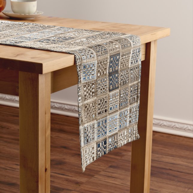 Custom neutral mosaic tile art short table runner (In Situ)