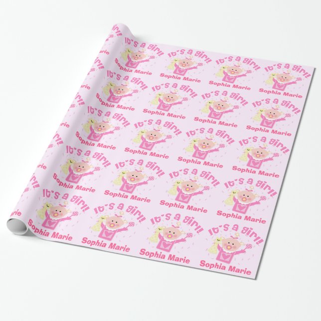 Custom New Baby Girl Glossy Wrapping Paper (Unrolled)