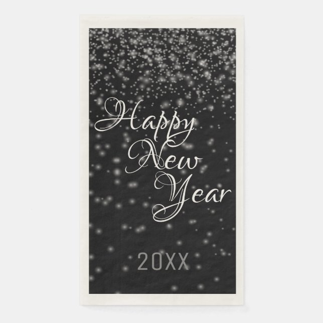 Custom New Year Glowing Silver Confetti On Black Napkin (Front)