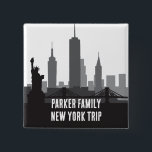Custom New York Trip Skyline Statue of Liberty 2 Inch Square Button<br><div class="desc">Customize these chic New York city vacation buttons for your family trip to the big apple. This modern keepsake features a great black and white drawing of the Manhattan skyline and the Statue of Liberty above your personalized text. Cool skyscrapers souvenir for your trip.</div>