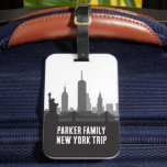Custom New York Trip Skyline Statue of Liberty Luggage Tag<br><div class="desc">Customize these chic New York city vacation luggage tags for your family trip to the big apple. Features a great black and white drawing of the Manhattan skyline and the Statue of Liberty above your personalized text. Cool skyscrapers souvenir for your trip.</div>