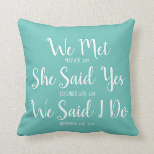 Custom Newly Weds Wedding Date Teal and White Throw Pillow