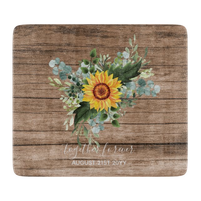 Custom Newlyweds Rustic Sunflowers Eucalyptus Leaf Cutting Board (Front)