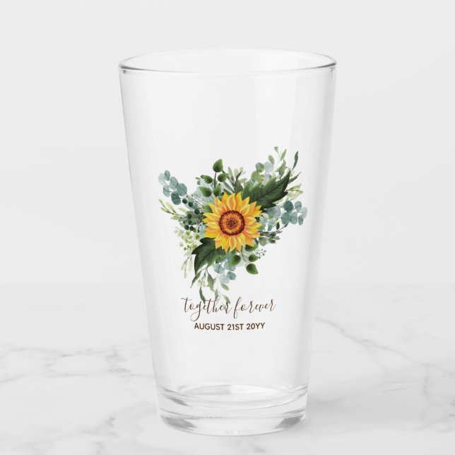 Custom Newlyweds Rustic Sunflowers Eucalyptus Leaf Glass (Front)