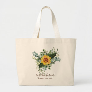 Custom Newlyweds Rustic Sunflowers Eucalyptus Leaf Large Tote Bag
