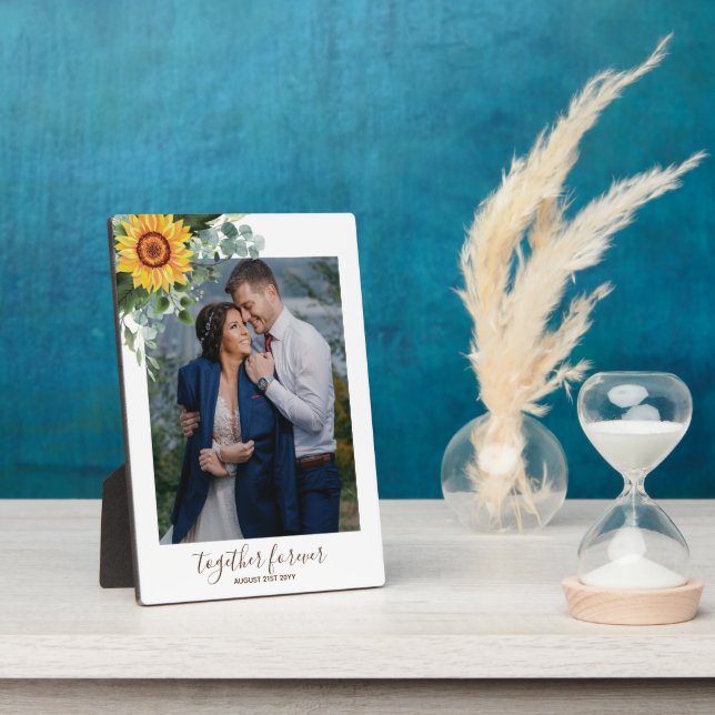 Custom Newlyweds Rustic Sunflowers Eucalyptus Leaf Plaque (Side)