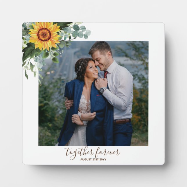 Custom Newlyweds Rustic Sunflowers Eucalyptus Leaf Plaque (Front)