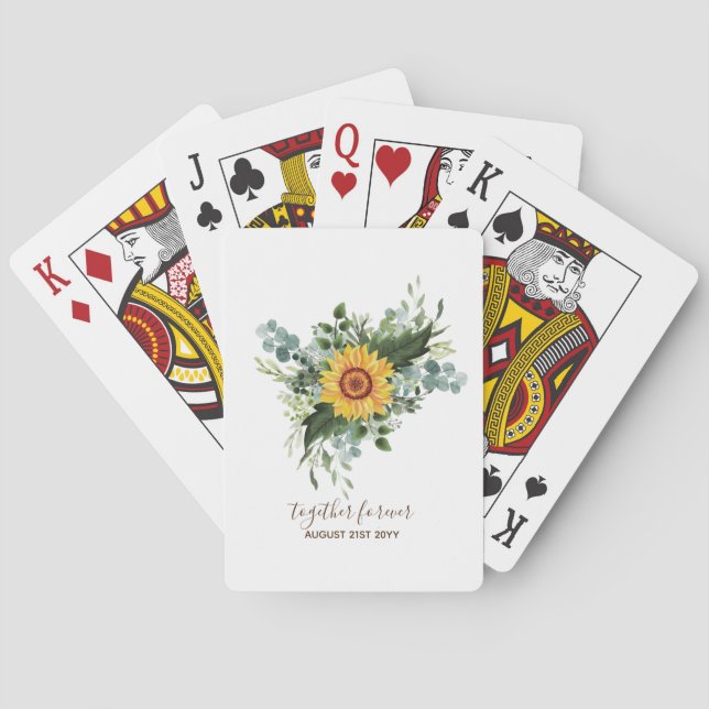 Custom Newlyweds Rustic Sunflowers Eucalyptus Leaf Playing Cards (Back)