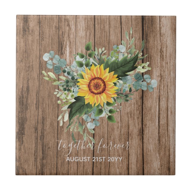 Custom Newlyweds Rustic Sunflowers Eucalyptus Leaf Tile (Front)