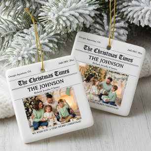 Custom Newspaper Christmas Family 2 Photos Ceramic Ornament