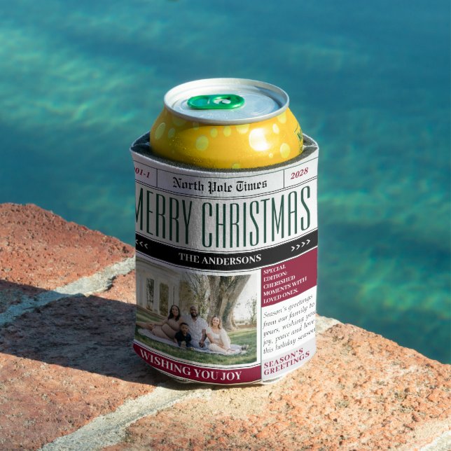 Custom North Pole Newspaper Christmas Photo Can Cooler (In Situ Pool)