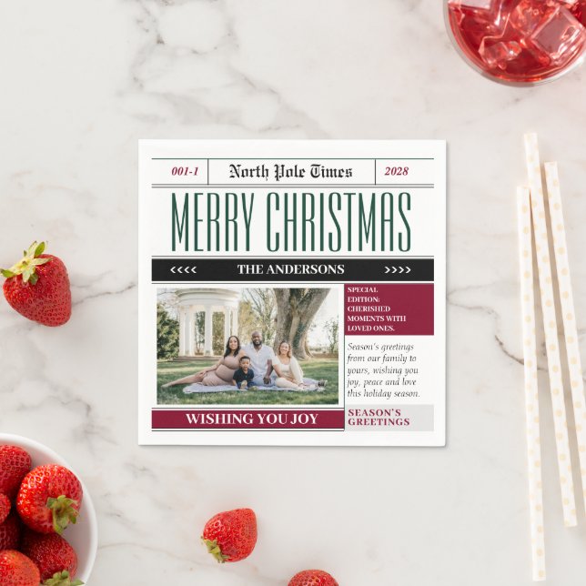 Custom North Pole Newspaper Christmas Photo Napkin (Insitu)