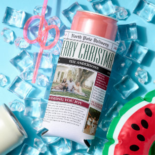 Custom North Pole Newspaper Christmas Photo Seltzer Can Cooler
