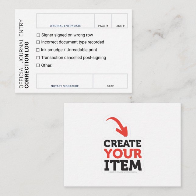 Custom Notary Journal Error Correction Log Mini Enclosure Card (Front/Back)