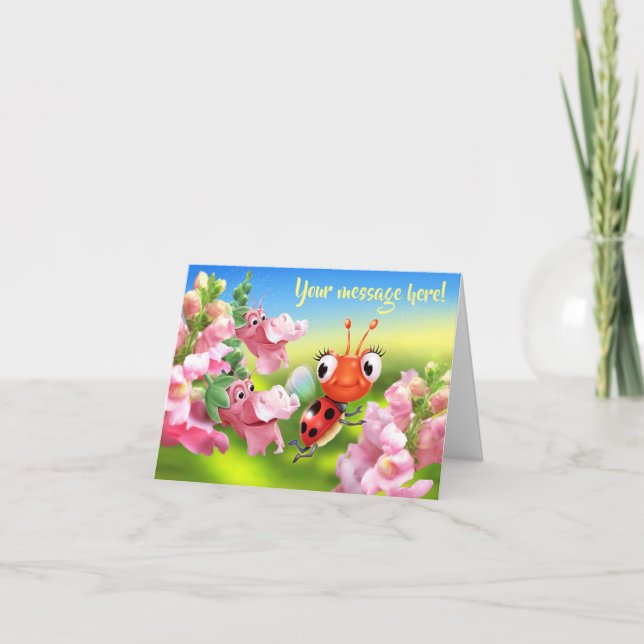 Custom Note card Ladybug & friendly flowers (Front)