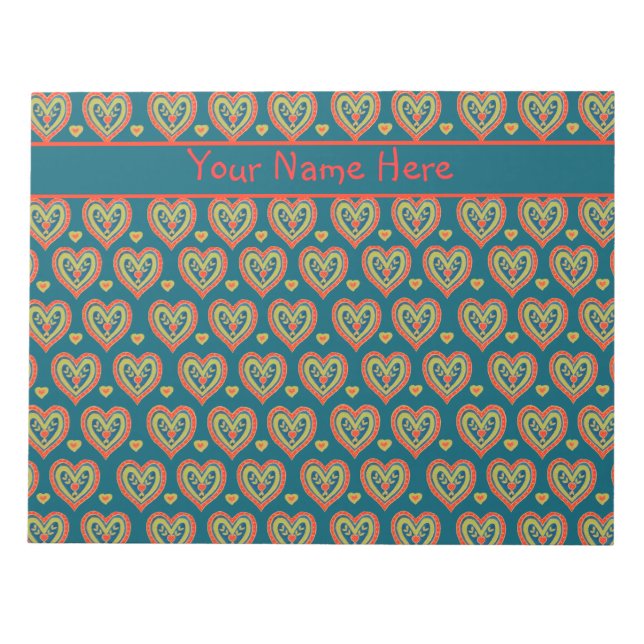 Custom Notepad Red, Green Hearts on Dark Teal (Front)