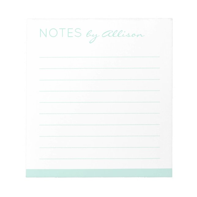 Custom "Notes by" Headline Aqua Blue Lined Notepad (Front)