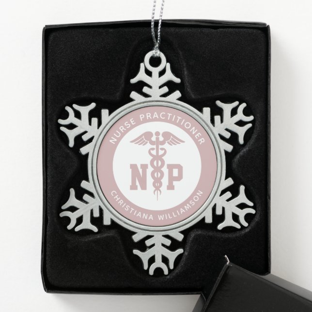 Custom NP Nurse Practitioner Graduation Caduceus Snowflake Pewter Christmas Ornament (Box)