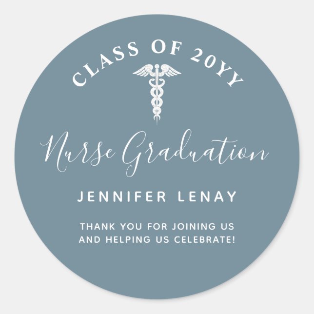 Custom Nurse Graduation Blue Thank You  Classic Round Sticker (Front)
