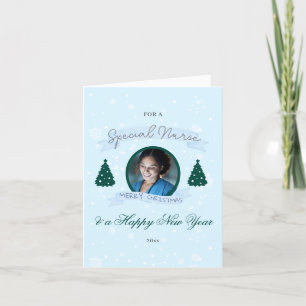 Custom Nurse Photo Blue Tree Christmas Greeting Holiday Card
