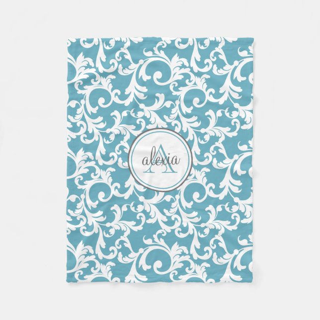 CUSTOM Ocean Blue Elegant Damask Print Fleece Blanket (Front)
