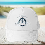 Custom Ocean Cruise Vacation Boat Captain Trucker Hat<br><div class="desc">Chic custom summer vacation hat for your beach cruise on the ocean featuring a navy blue boat steering wheel. This nautical themed hat is perfect for classy matching family reunion keepsakes to commemorate the special trip or for a ship captain. Personalize with your last name and year.</div>