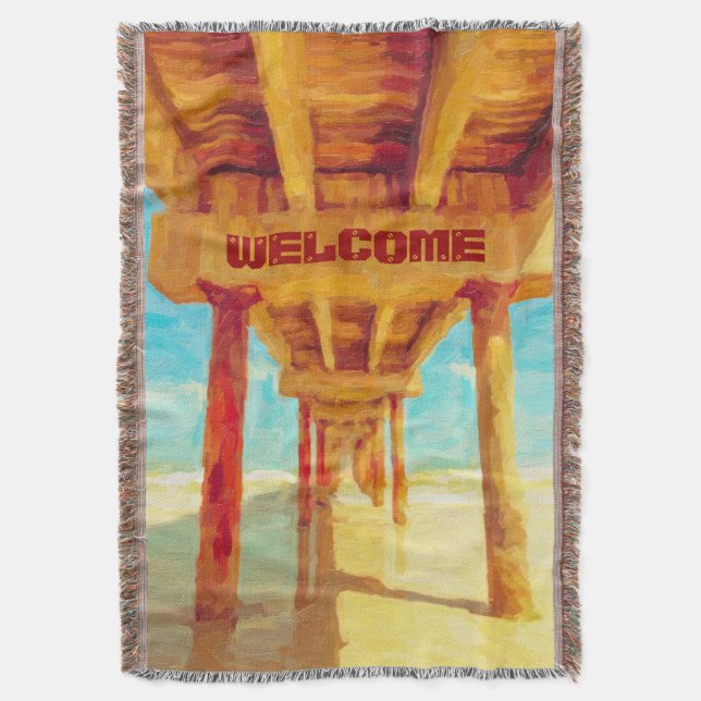 Custom ocean fishing pier painting throw blanket (Front Vertical)